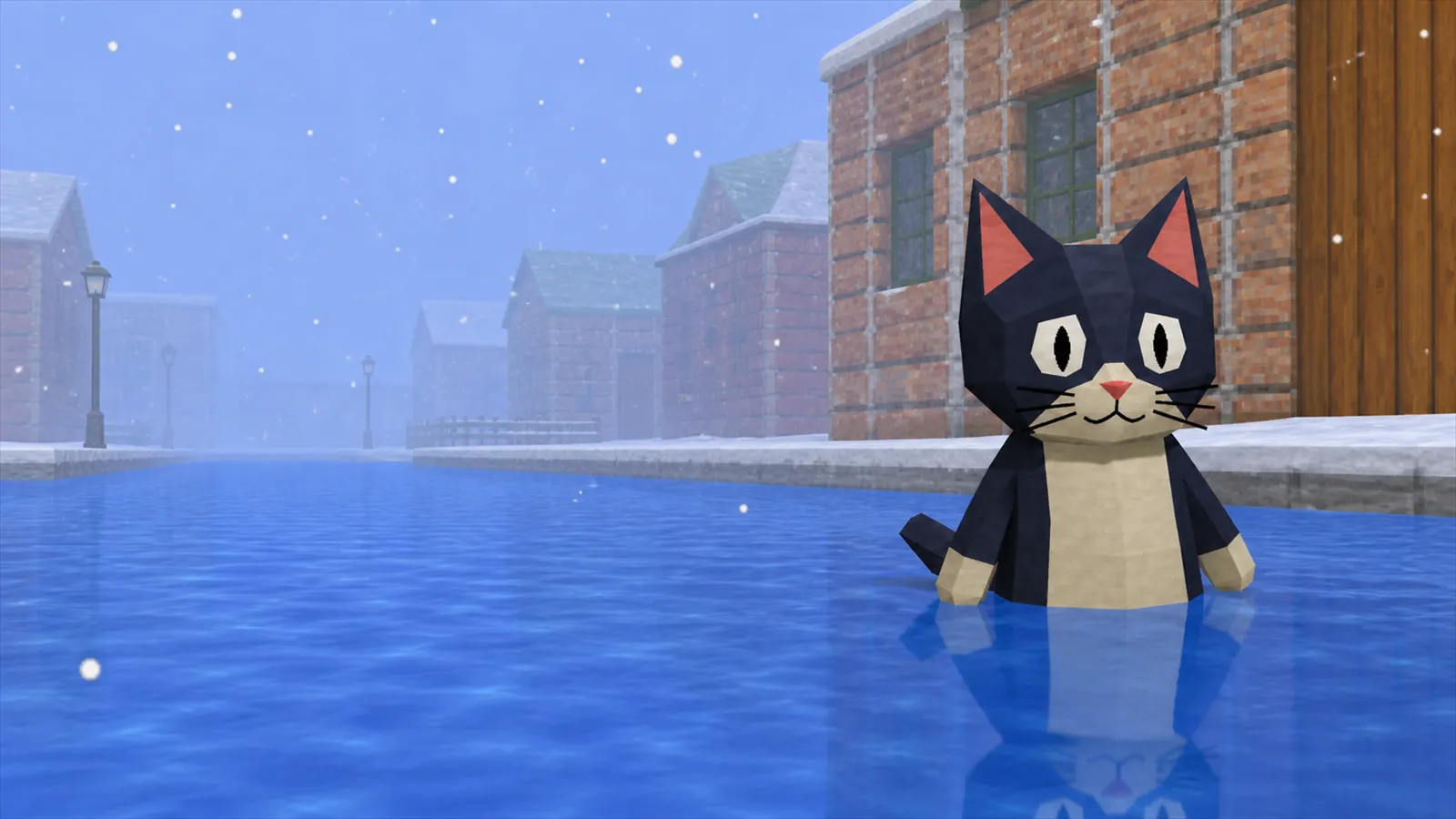 Low poly cat sitting in a flooded snowy street